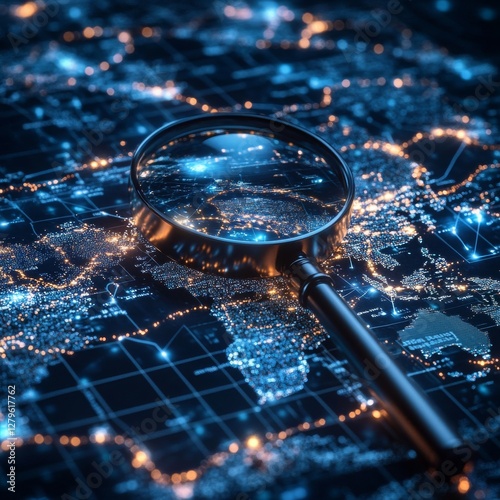 Wallpaper Mural A modern, illuminated magnifying glass enlarges a futuristic globe, set against a backdrop of abstract data streams and networks, representing global media surveillance and competitive analysis Torontodigital.ca