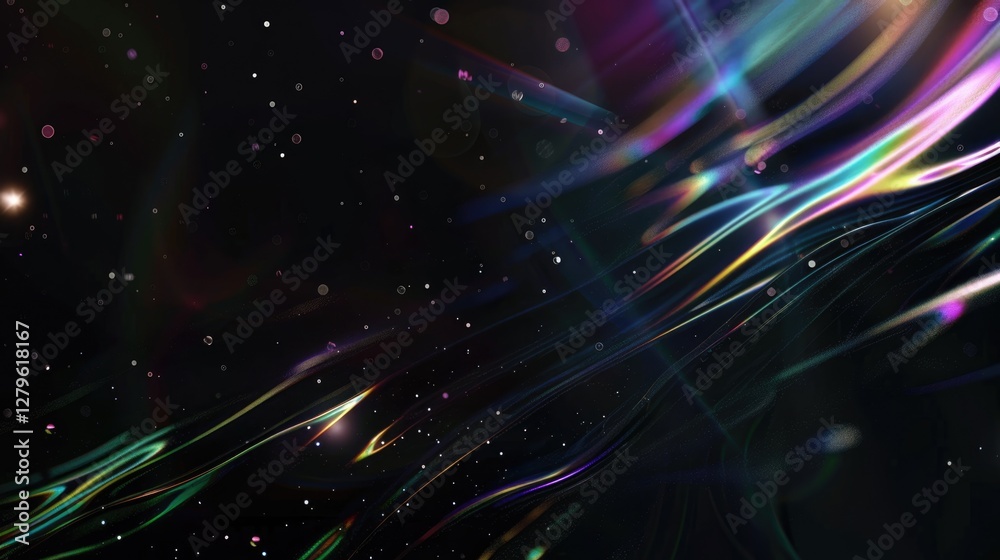 Obraz premium Dynamic colorful abstract waves with stars on dark cosmic background, space wallpaper with northern lights effect