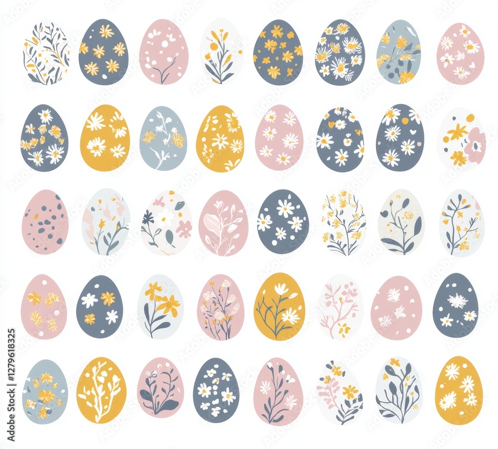 Flat design illustrations of Easter eggs on a white background, incorporating Happy Easter装饰ative elements