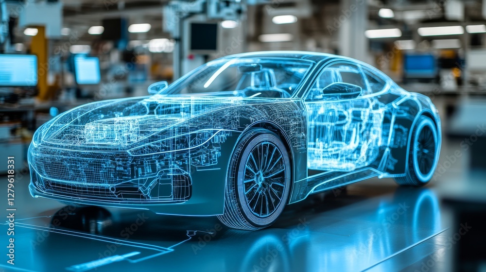 Naklejka premium The technical blueprint of the electric vehicle chassis includes labeled components and measurements, with the factory floor shown as grid lines