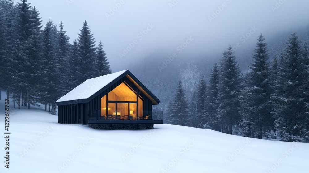 A single-story building with a black standing seam metal exterior, featuring a large floor-to-ceiling window that emits a warm amber glow from within, situated at the base of a tall mountain under A single-story building with a black standing seam metal exterior, featuring a large floor-to-ceiling window that emits a warm amber glow from within, situated at the base of a tall mountain under
