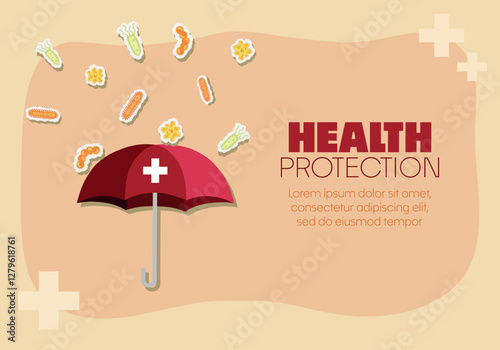 Umbrella as a shield from germs, bacteria and viruses. Vaccination and immunity concept with Health Protection text. Virus insurance