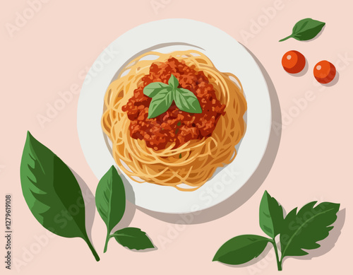 Spaghetti à la bolognaise avec feuilles de basilic