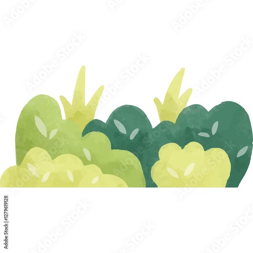 A serene watercolor depiction of lush bushes in various shades of green