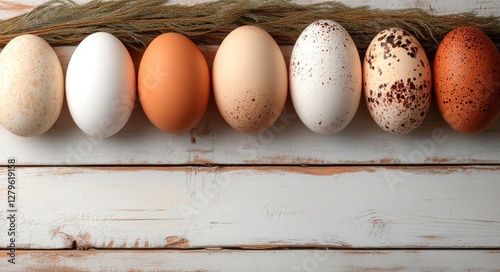 An Easter background in a top view with eggs and floral decorations, and area designated for text