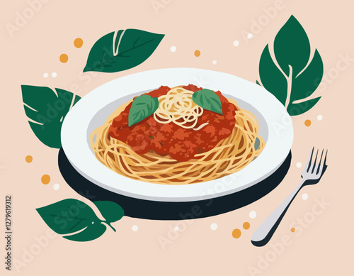Spaghetti à la bolognaise avec feuilles de basilic