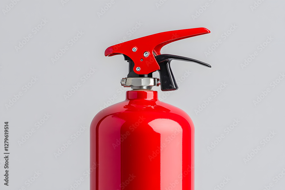 Bright Red Fire Extinguisher Close-Up: Ready for emergencies, this essential safety device stands prepared against a plain backdrop. Bright Red Fire Extinguisher Close-Up: Ready for emergencies, this essential safety device stands prepared against a plain backdrop.