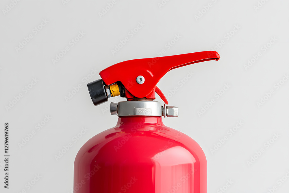 Close-up of a portable fire extinguisher, vital for safety. Red tank with a trigger mechanism. Emergency readiness and fire suppression equipment.