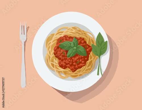 Spaghetti à la bolognaise avec feuilles de basilic