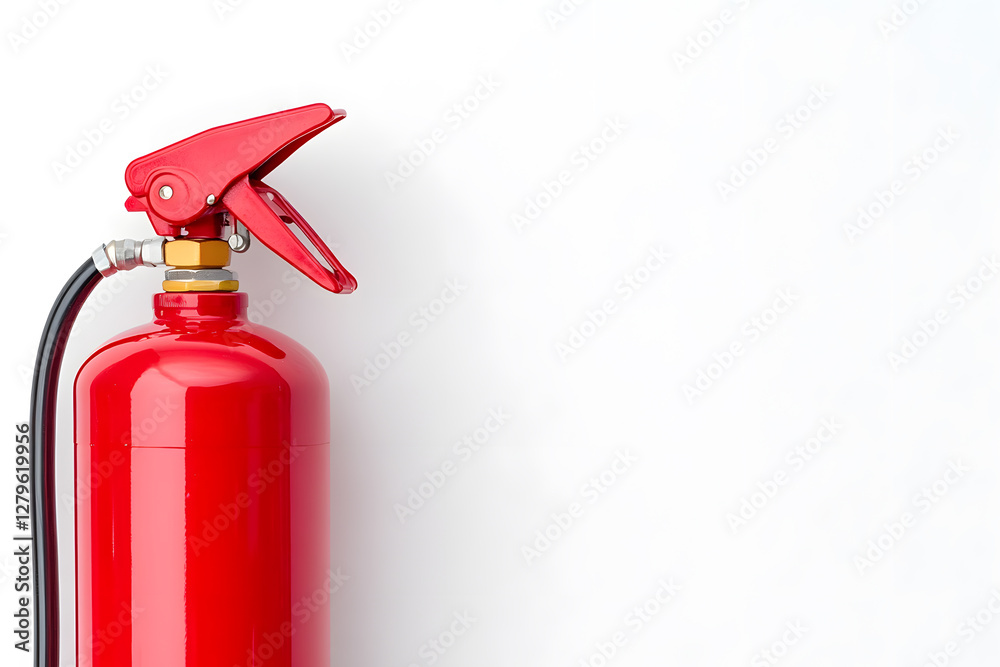 Obraz premium Red fire extinguisher positioned on the left side of a white background. The extinguisher features a black hose and is ready for use in case of fire emergencies.