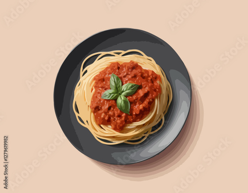 Spaghetti à la bolognaise avec feuilles de basilic