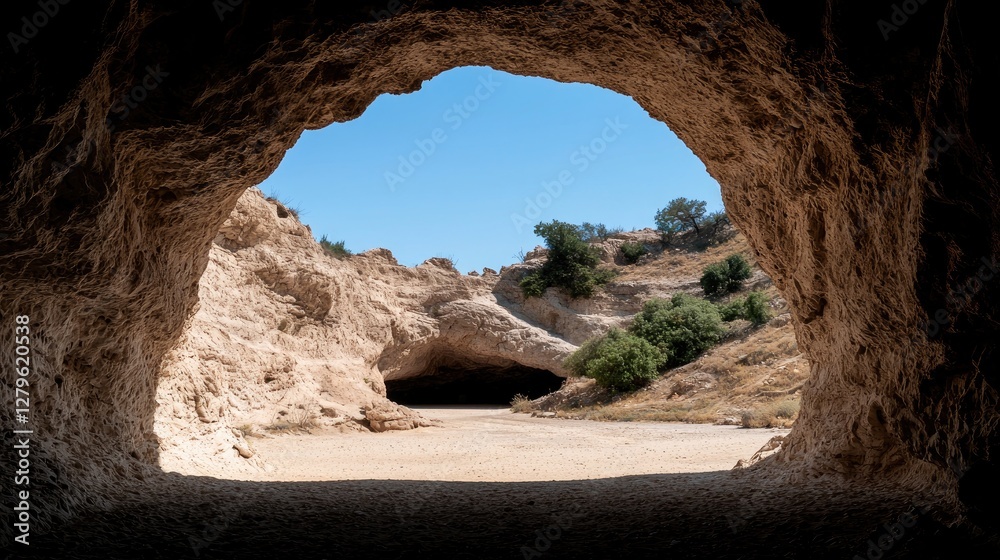 Obraz premium Cave opening to sunny landscape; travel, adventure