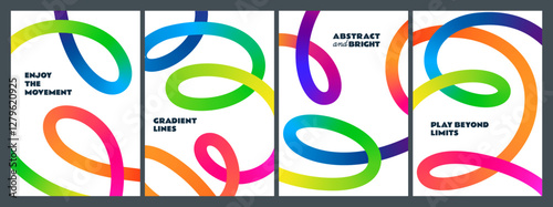 Abstract Backgrounds with Color Lines. Vector Posters with 3D Gradient Shapes. Squiggles and Curve Graphic Elements. Wavy and Spiraling Rainbow Gradation Ribbons