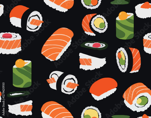 Sushi Rolls en assortiment sur les ondes. Concept de lévitation. fond noir