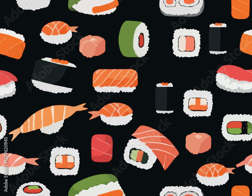 Sushi Rolls en assortiment sur les ondes. Concept de lévitation. fond noir