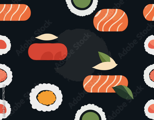 Sushi Rolls en assortiment sur les ondes. Concept de lévitation. fond noir
