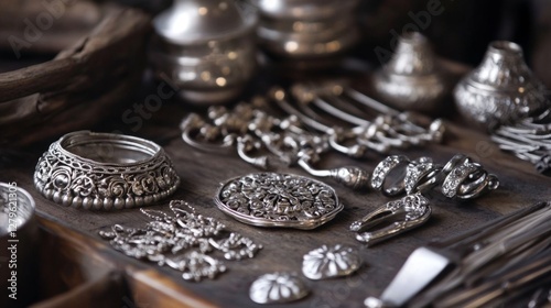 Silver jewelry handcrafted display, artisan workshop