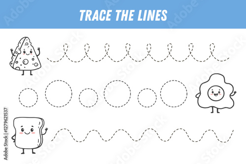 Tracing lines for kids. Cute cartoon food. Funny food characters cheese, fried egg, peace of bread. Handwriting practice. Educational game for preschool kids. Activity page. Vector