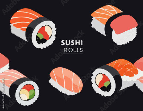 Sushi Rolls en assortiment sur les ondes. Concept de lévitation. fond noir