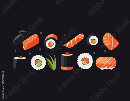 Sushi Rolls en assortiment sur les ondes. Concept de lévitation. fond noir