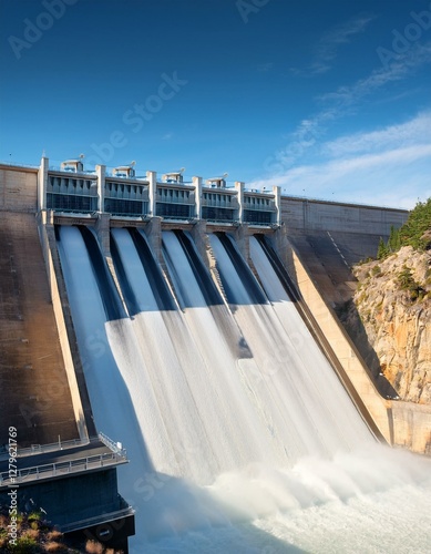 A massive hydroelectric dam with water flowing through its turbines, generating renewable energy. photo