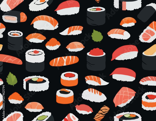 Sushi Rolls en assortiment sur les ondes. Concept de lévitation. fond noir