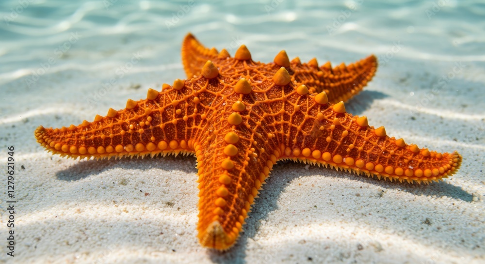 Radiant Orange Starfish Resting on Pale Sand with Shimmering Water Backdrop Radiant Orange Starfish Resting on Pale Sand with Shimmering Water Backdrop