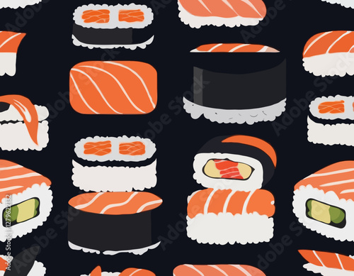 Sushi Rolls en assortiment sur les ondes. Concept de lévitation. fond noir