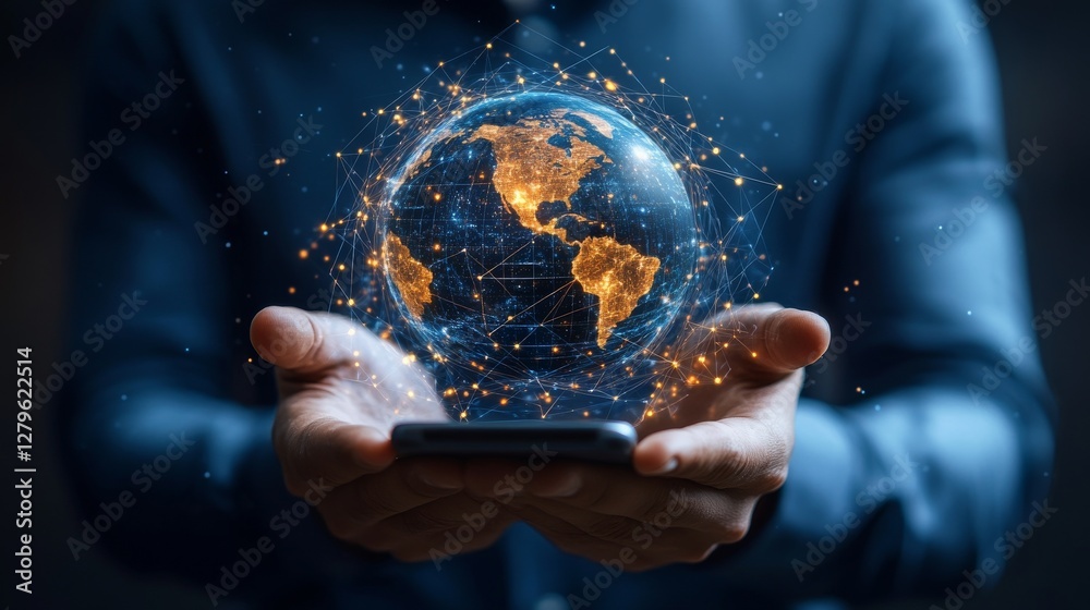 A man utilizes his smartphone to engage with a global network of innovation A man utilizes his smartphone to engage with a global network of innovation