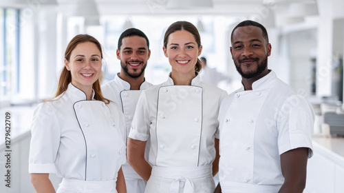 Smiling Team of Professional Chefs in a Modern Kitchen