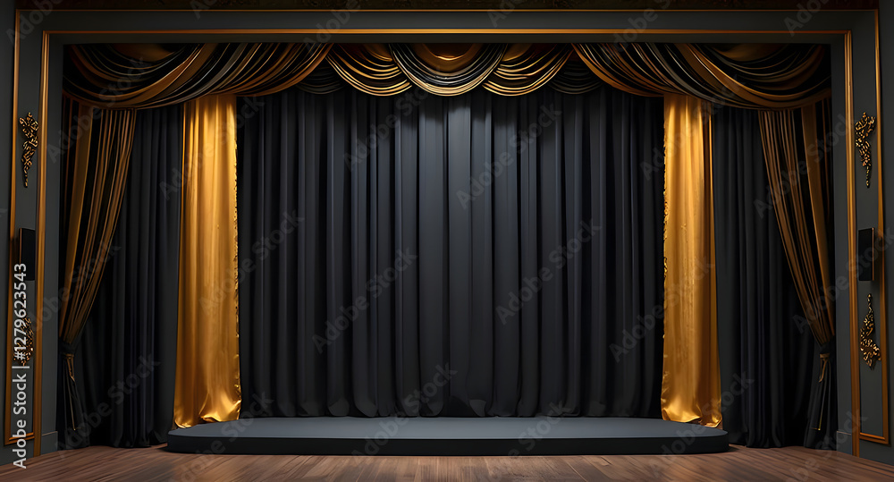 Fototapeta premium luxury Empty 3d room background illustration - Theater stage with black gold velvet curtains