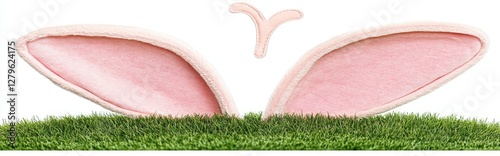 easter bunny ears gazing headlong at green grass isolated on white background - extra space provided