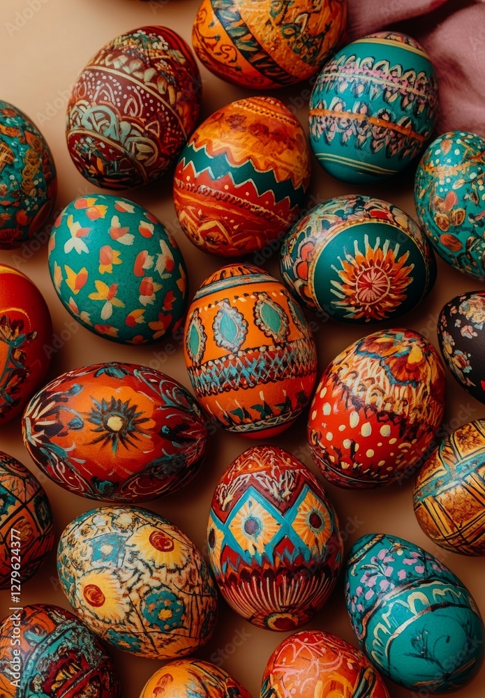 For Happy Easter day, a paper background features colorful eggs and flowers, including space for copying