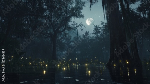 Mystical swamp at night, full moon, glowing insects photo