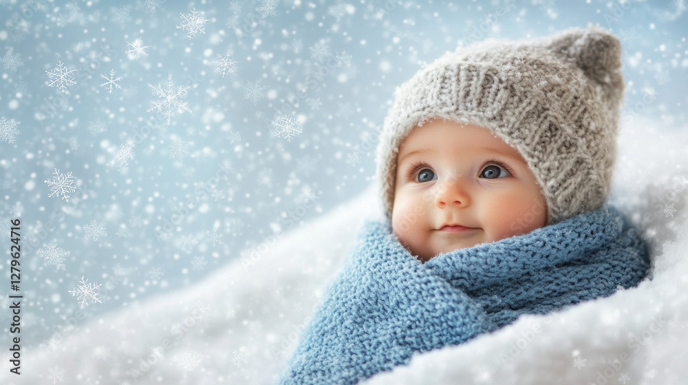 Baby snuggled in a warm blanket, wearing a hat, with soft snowflakes falling around Baby snuggled in a warm blanket, wearing a hat, with soft snowflakes falling around