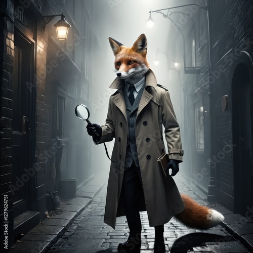 Sleuthing in the foggy streets, a clever fox dons a trench coat and searches for clues beneath the gaslight glow photo