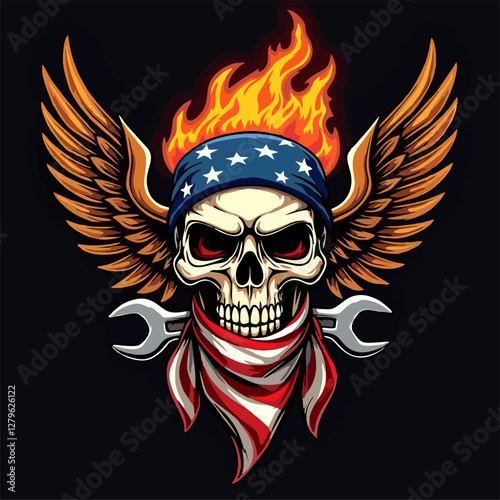 Biker vector t-shirt design with fire human skull
with usa flag bandana, wings, flame, wrench on black
background.
Fashionable print for fabric, paper, men clothing,
hoodie, jacket. T shirt template.