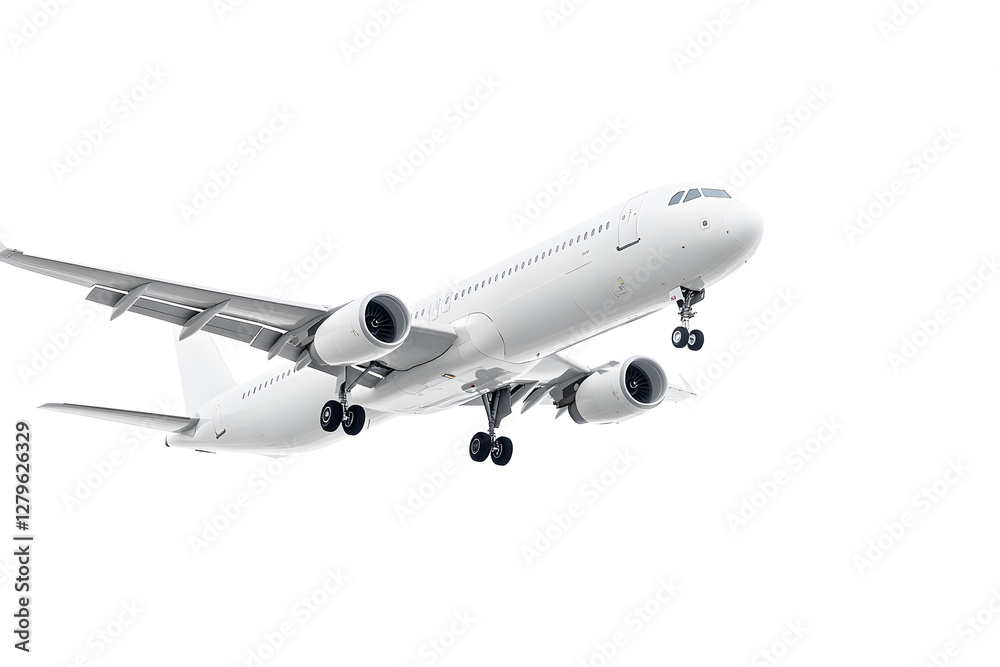 Fototapeta premium Airplane ready to land on a white background, showcasing its engineering and the anticipation of arrival. Travel's journey captured.