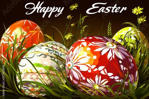 Joyful Easter background with a delightful message, embellished with rustic eggs and blooms