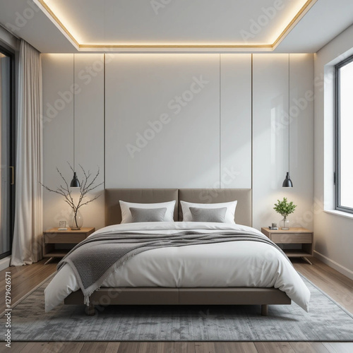 Wallpaper Mural bed with pillows,Modern bed isolated on white background,Modern minimalistic bed with neutral upholstery and pillows in a simple setting,Minimalist style of bedroom interior, modern furniture of a bed Torontodigital.ca