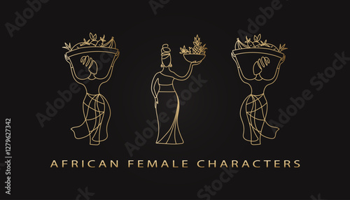 African female characters in minimalist art. God silhouette on the black background. Folk style. Creative design drawn one line. Beautiful vector illustration.