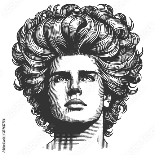 gentleman with an incredibly large, curly hairstyle, blending humor, surrealism, and vintage artistic style sketch engraving generative ai vector illustration. Scratch board. Black and white image.