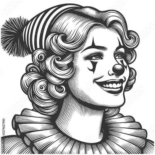 cheerful female clown with curly hair, expressive makeup, a pom-pom hat, and a ruffled collar sketch engraving generative ai vector illustration. Scratch board imitation. Black and white image.