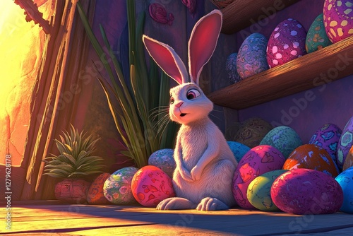 The vibrant Easter bunny leaps exuberantly in a sea of abundant Easter eggs photo