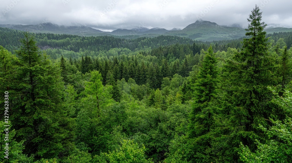 Lush forest landscape, mountains, cloudy sky. Overlook of green trees, possible use for nature background Lush forest landscape, mountains, cloudy sky. Overlook of green trees, possible use for nature background