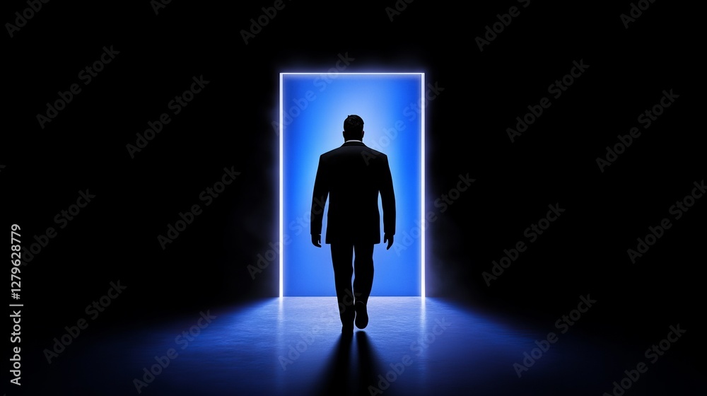 Obraz premium Silhouette of a man in a suit walking toward a bright blue doorway. A mysterious and hopeful image.