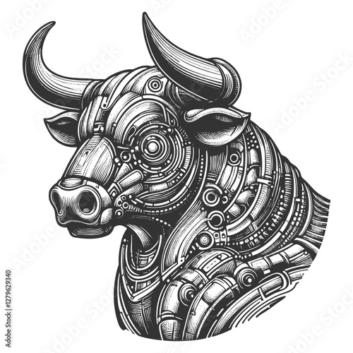 cybernetic bull with mechanical components, gears, and futuristic robotic details in steampunk style sketch engraving generative ai vector illustration. Scratch board imitation. Black and white image.
