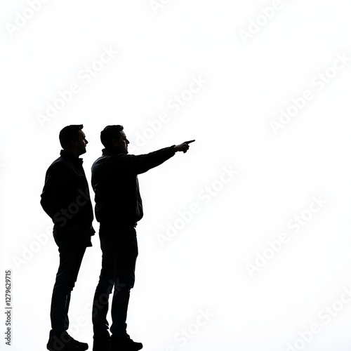 Silhouetted duo gazing into the distance, one pointing at something unseen.