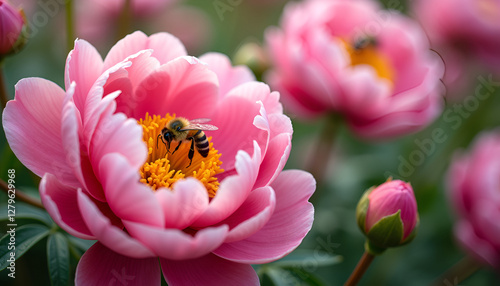 Bee gathering nectar from pink peony flower, Peony Flowers, Seasonal flower bloom 
