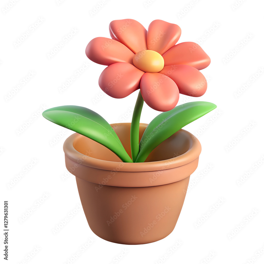 Obraz premium Red flower in pot. 3d rendering isolated on white background. Cartoon plastic style icon